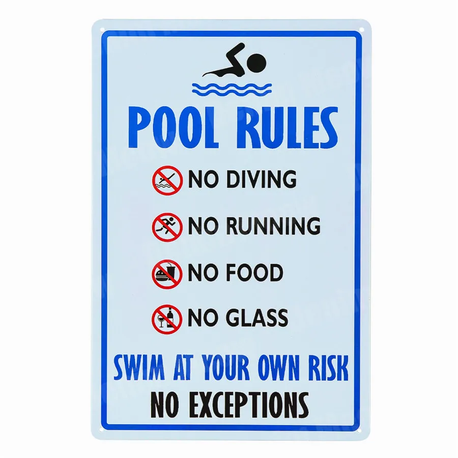 Pool Rules Signs No Diving No Running No Food No Glass Metal Tin Signs Warning Sign Easy Mounting Indoor Or Outdoor Use ZSS9