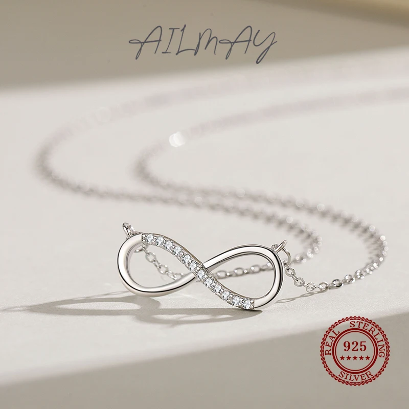 Ailmay 100% 925 Sterling Silver Infinite Love Pendant Necklace For Women Dazzling Clear Zircon Fine Accessories Jewelry GIFT