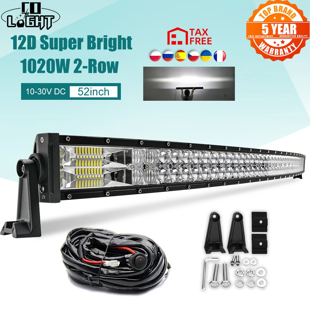 CO LIGHT Curved Led Light Bar 12V 52inch 1020W Led Work Light 2-Row Combo Beam For Car 4WD ATV SUV UTV Trucks 4x4 Motorcycle 24V