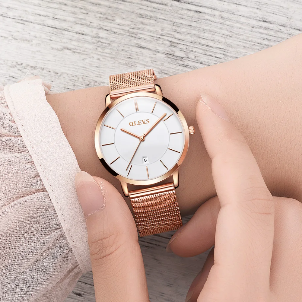 OLEVS-Montre à Quartz Étanche pour Femme, Acier Inoxydable, Or Rose, Coffret Cadeau, Luxe