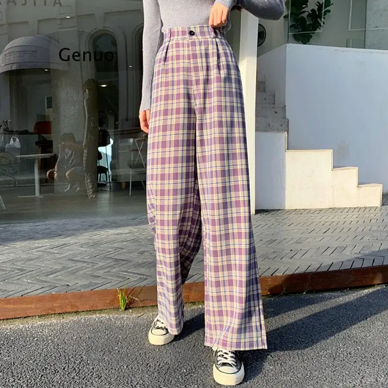 

Plaid Pants Women Wide Leg Loose Slacks Trousers Checkered High Elastic Waist All-match Girl Spring Casual