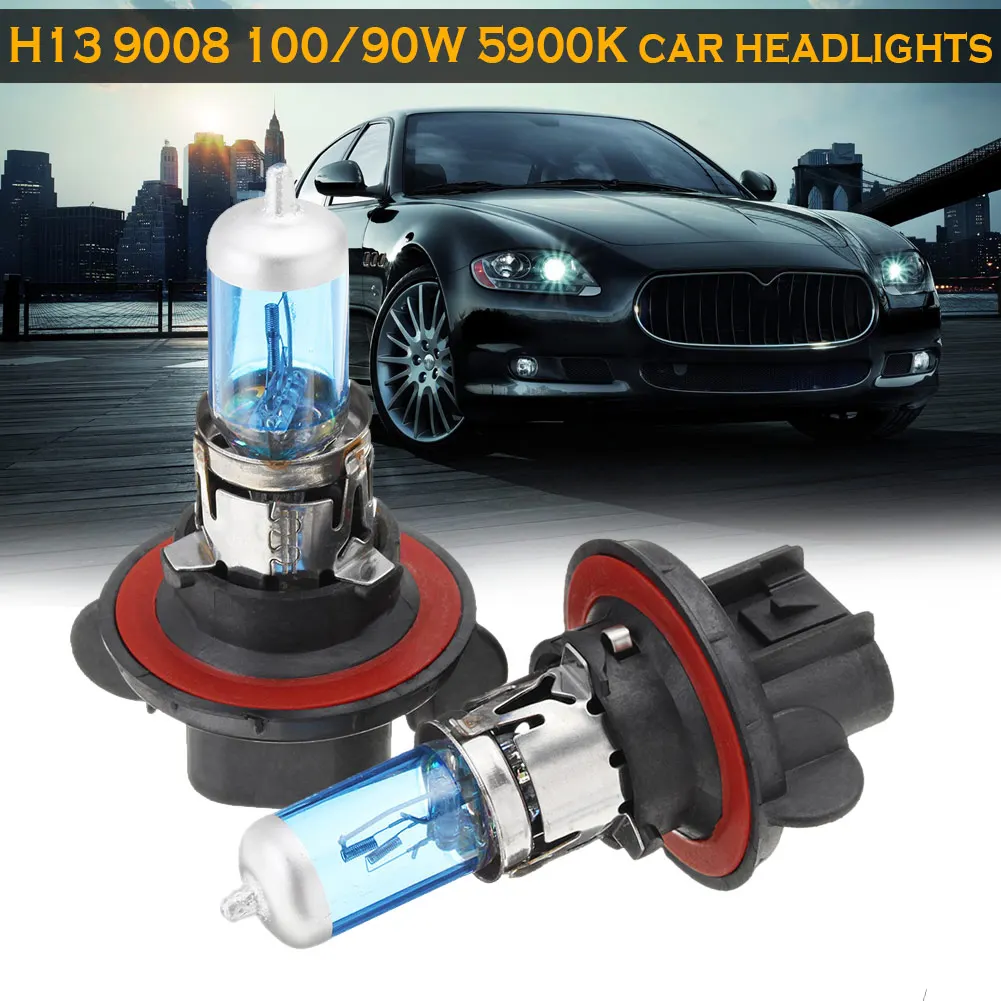 2PCS H13 9008 100/90W 5900K Super White High Low Beam Car Headlight Light Xenon Halogen Bulbs