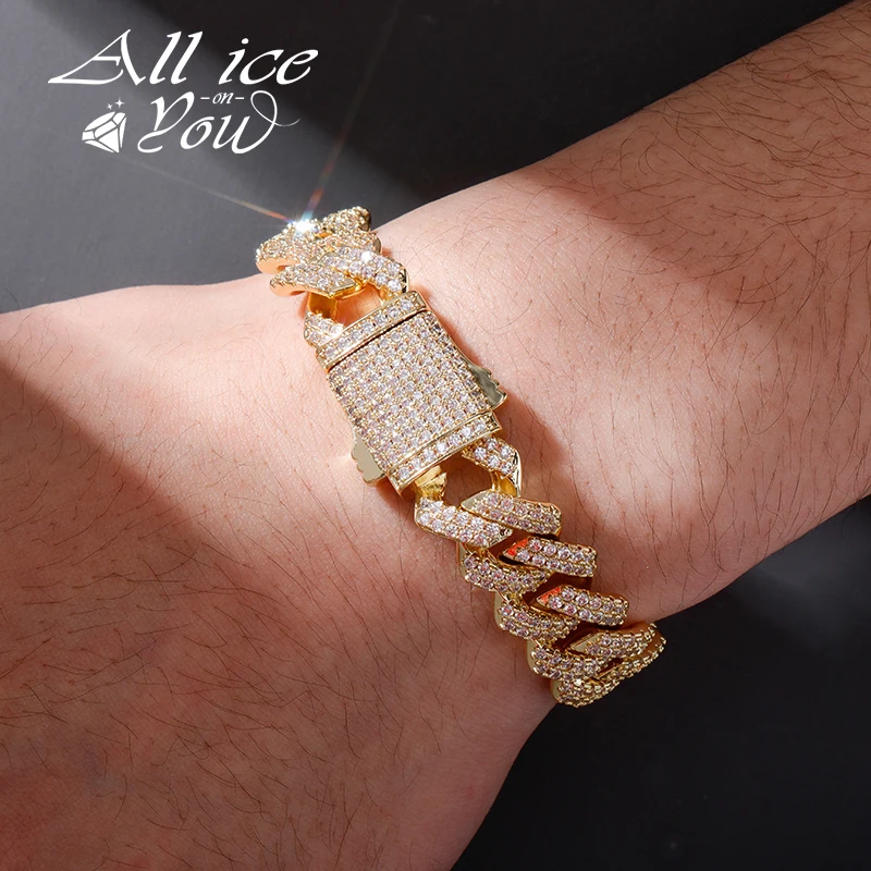 ALLICEONYOU 14MM Iced Out Cubic Zirconia Cuban Bracelet Chain High Qualtiy Hip Hop Jewelry For Men and Women Gift