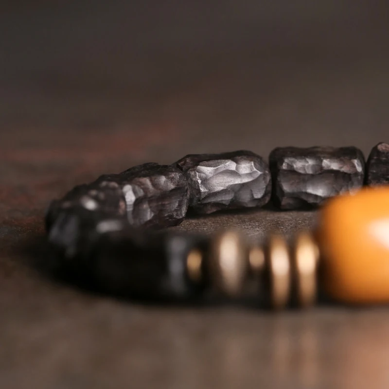 Hand Carved Strip Ebony Vintage Copper Bracelet Concave Convex Texture Black Wood Jewelry Men Women Ward Off Evil Bangle