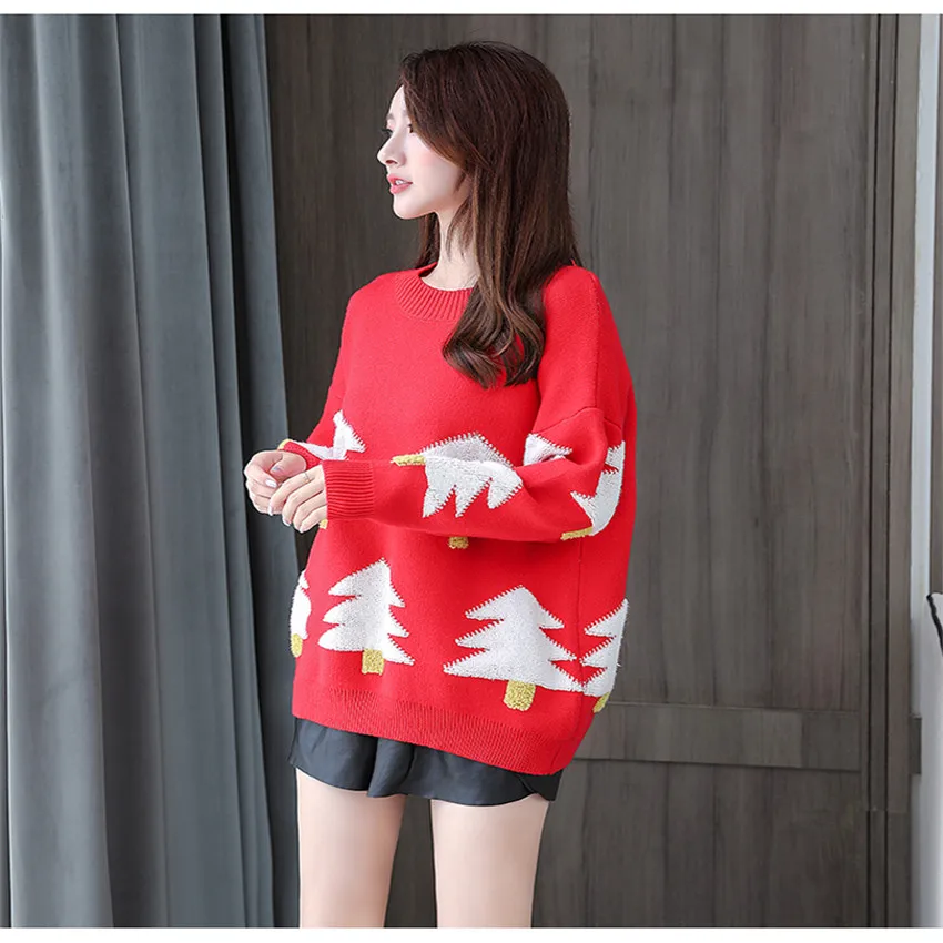 2020 New Sweater Women Loose Knit Sweater Winter Thickened Christmas Tree Embroidery Top