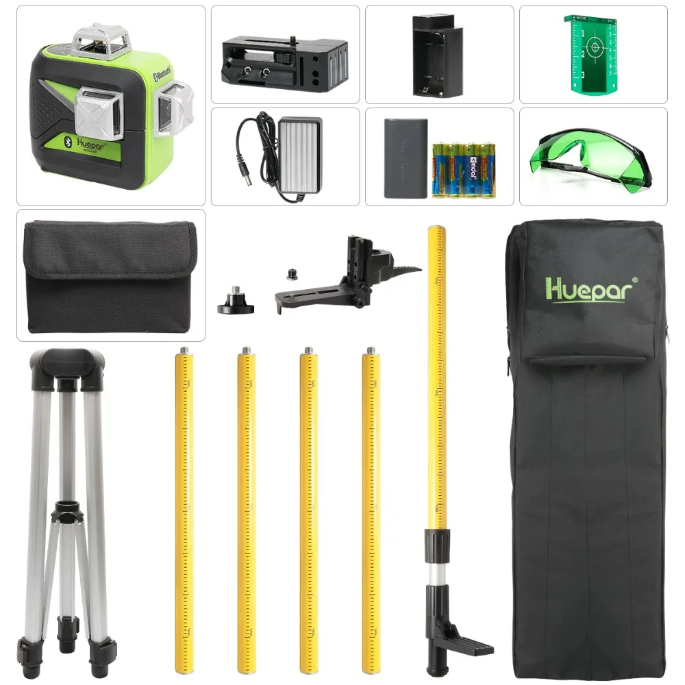 Huepar Green Beam 3D Laser Level with Bluetooth Function Self-Leveling Cross Line USB Charge, Dry & Li-ion Battery & Tripod Sets