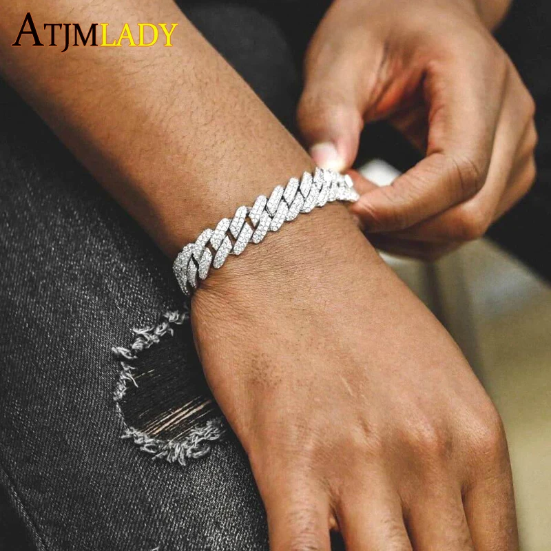 Iced out bling cz cuban link chain high quality 15mm classic cuban link chain bracelet for women mens hiphop fashion jewelry