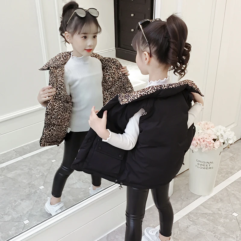 

Girls Fashion Reversible Garment Vest Coat Fall Winter Kids Thick Cotton Padded Waistcoat Children's Leopard Wadded Jacket P266