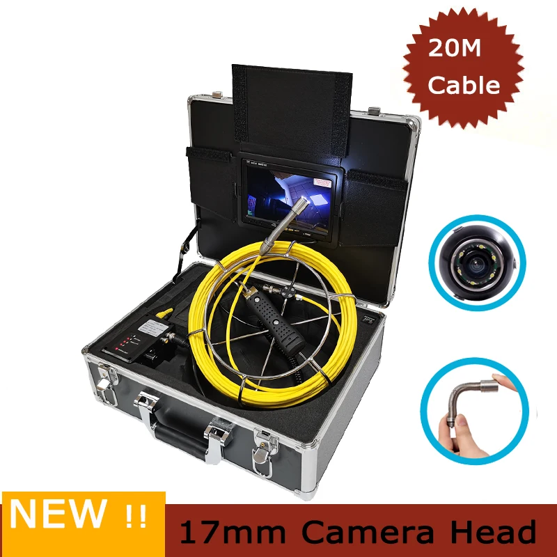 

TPWLCO 17mm Waterproof Pipeline Industrial Endoscope Camera 6pcs LEDS Sewer Drain Pipe Inspection System 20m Cable 7'' Monitor