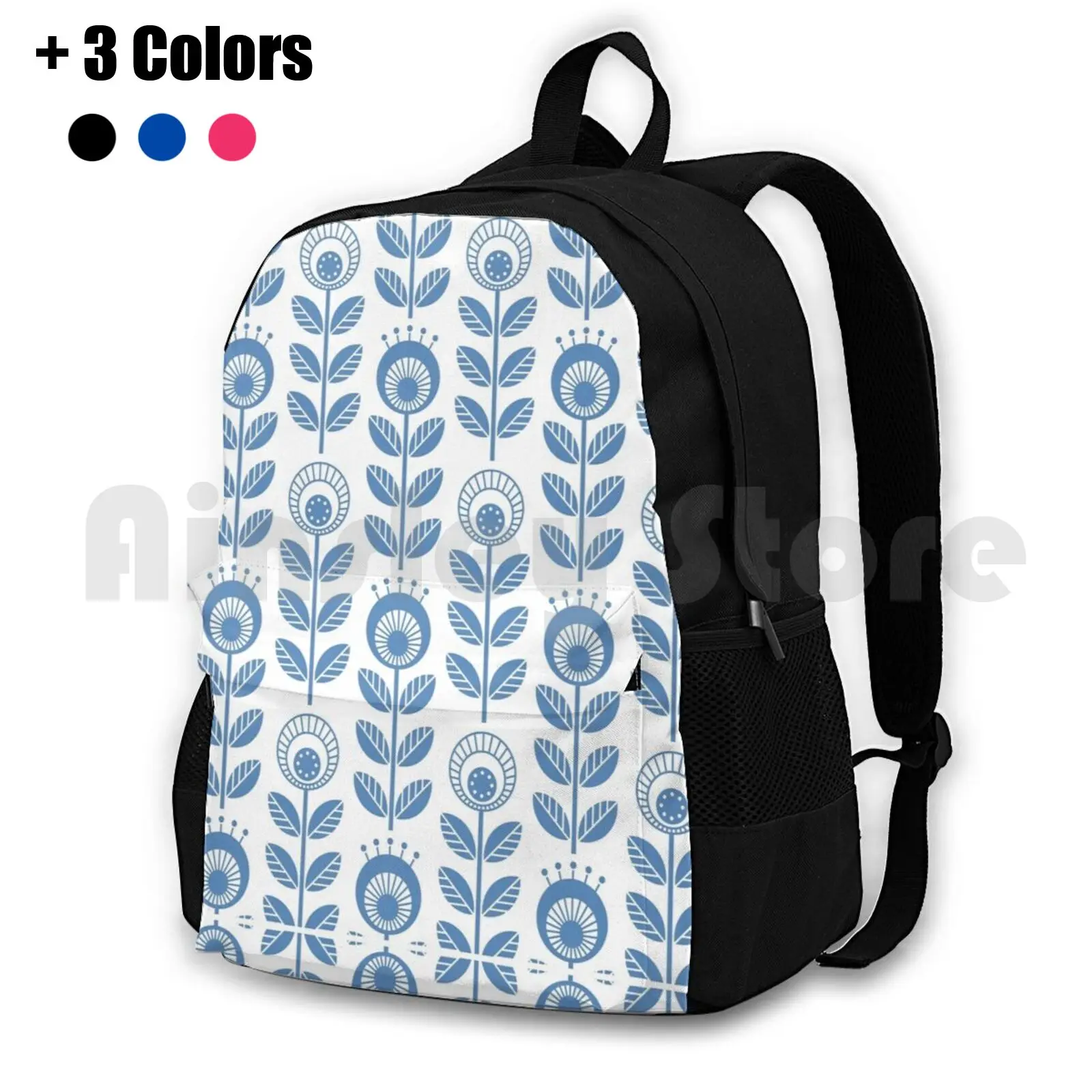 Scandi Garden 01-1 , Blue On White Outdoor Hiking Backpack Waterproof Camping Travel Mod Midcentury Modern Mid Century Scandi