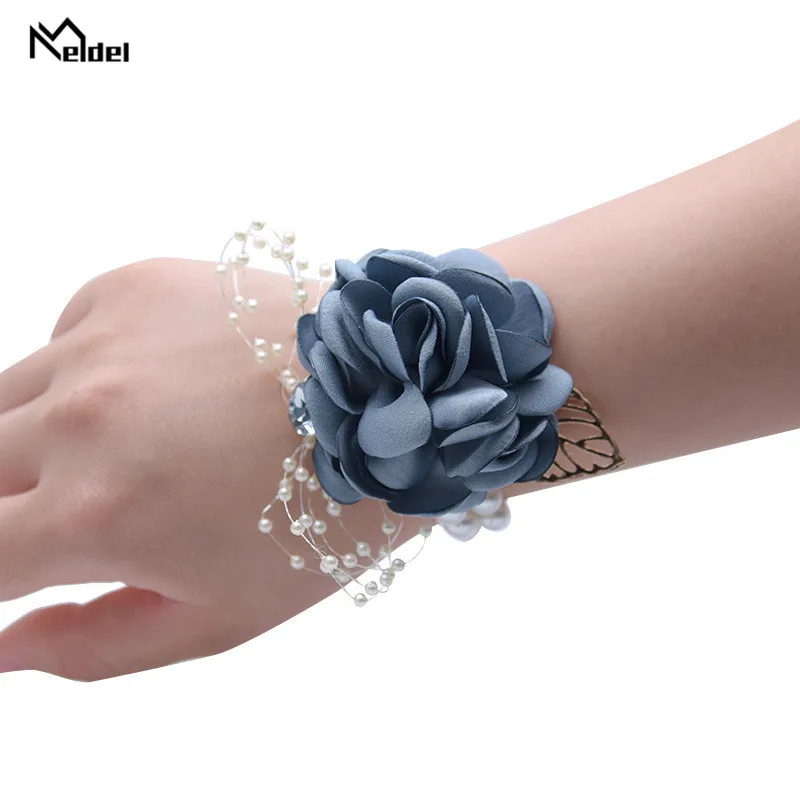 Meldel Silk Wedding Flowers Brooches Boutonniere Buttonhole Wrist Corsage Bracelet for Bridesmaid Wedding Marriage Groom Corsage