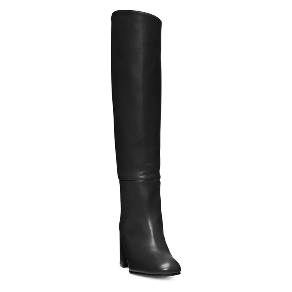 Round Toe Block Heel Knee High Boots for Women Black Mid Heel Slip on Tall Boots Ladies Chunky Winter Shoes 2024 Botas Pretas