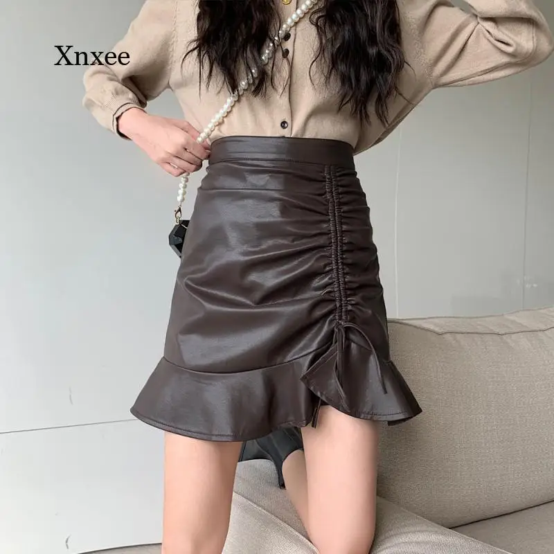 

Spring Autumn Pu Leather High Waist Skirts Womens Fashion Ruffles Skinny Mini Women Skirt Black Elegant Ladies Party Mini Skirt