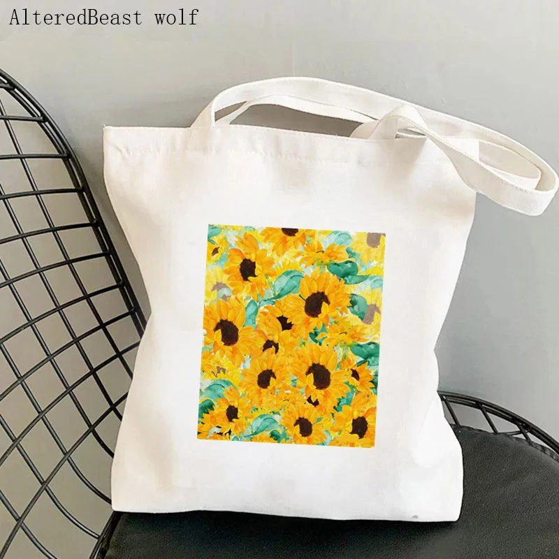 Women Shopper bag yellow orange sunflower cosmos flowers Bag Harajuku Shopping Canvas Shopper girl handbag Shoulder Lady Bag