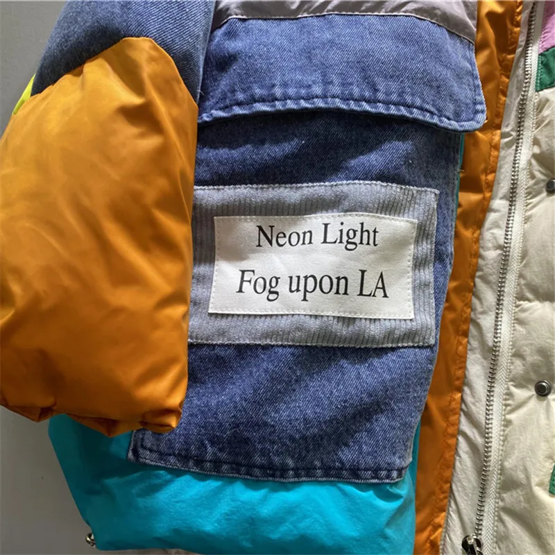 Chaquetas de plumón de mezclilla empalmadas para mujer, abrigo de algodón con cremallera y bolsillo grande, Parkas femeninas de alta calidad, moda