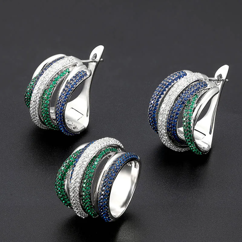 

Zlxgirl jewelry brand blue green zircon earring ring for wedding jewelry set hot sale women wedding Ears Anel bijoux set