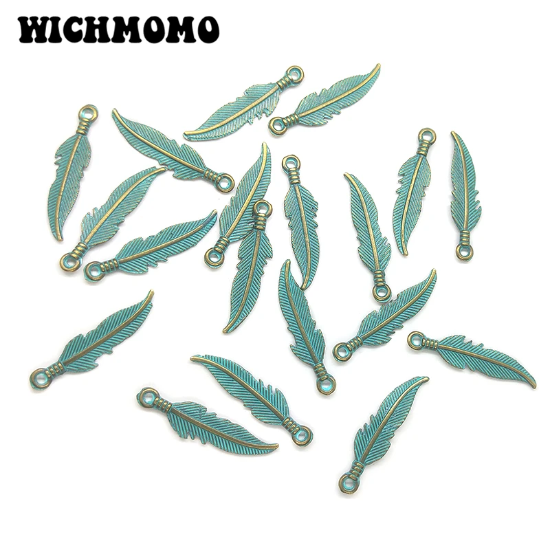 50pcs 22*7MM Retro Patina Plated Zinc Alloy Green Feather Charms Pendants For DIY Jewelry Accessories PJ006