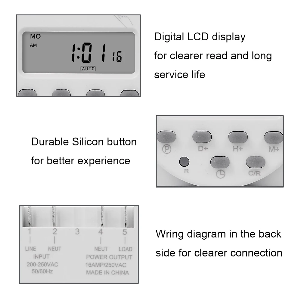 CN101A 5V 12V 24V 110V 220V Digital Timer Switch 7 Days Weekly Programmable Time Relay Programmer Built-in Rechargeable Battery