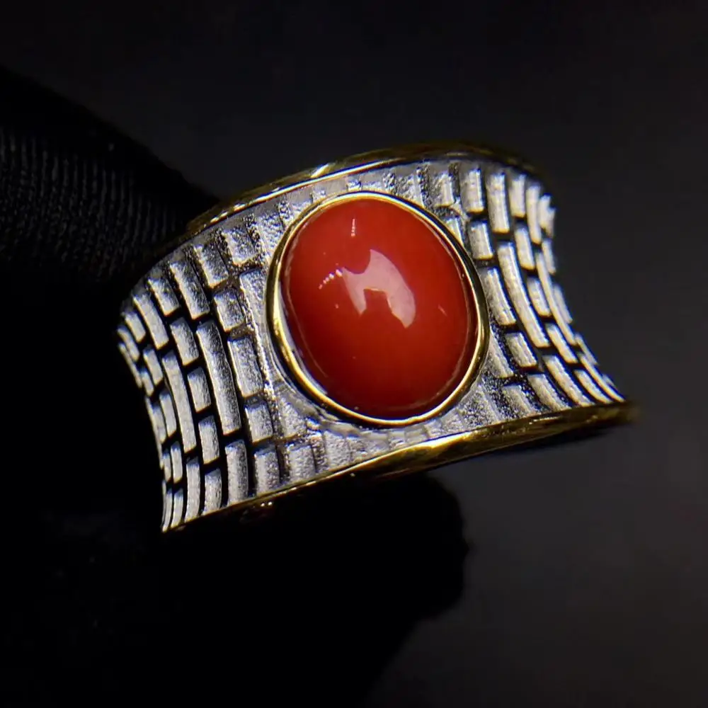 KJJEAXCMY-925 Sterling Silver Ring for Men and Women, Inlaid Natural Red Coral, Exquisite Support Detection, Fine Jewelry, New