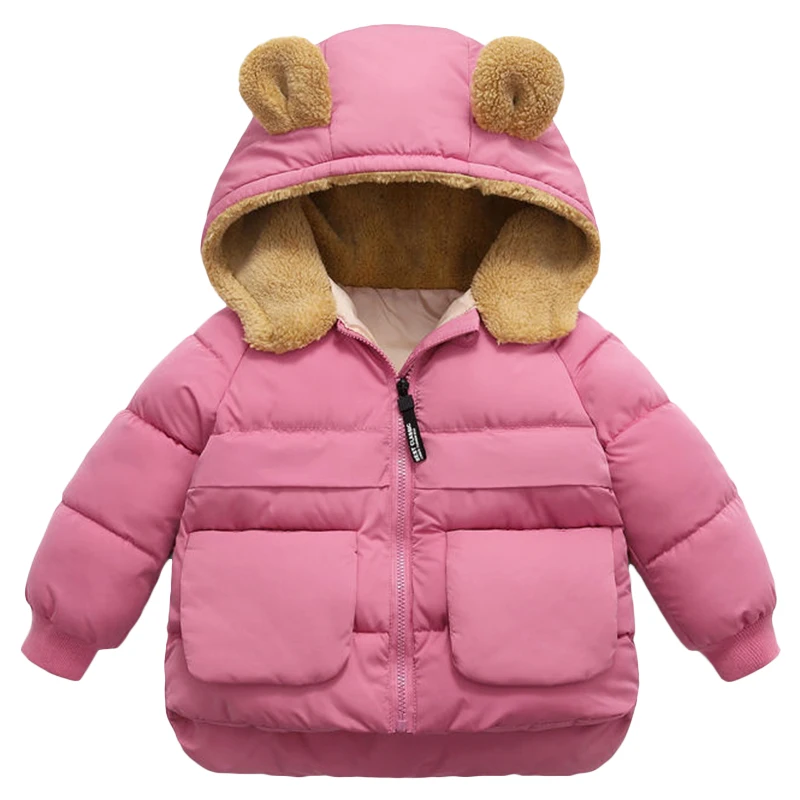 Baby Girls Woolen Thicken Bear Hooded Outerwear Winter Jacket Coat Toddler Overall Kids Cotton-Padded Children Clothing for 2-7y