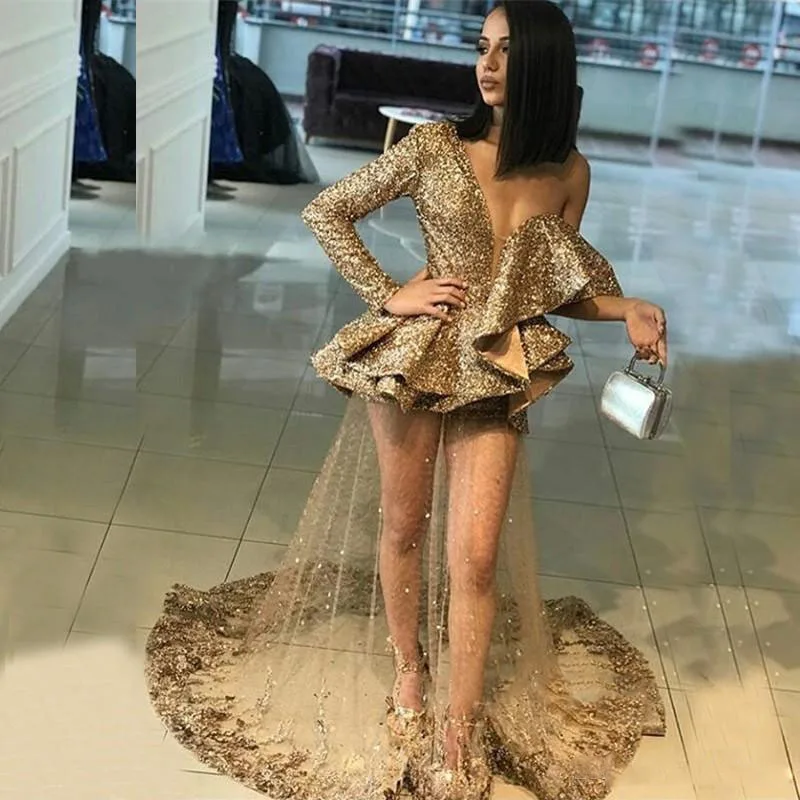 Sexy Gouden Lovertjes See Through Prom Dresses Een Schouder Lange Mouwen Ruches Afrikaanse Avondjurken Kant Applicaties Party Dress