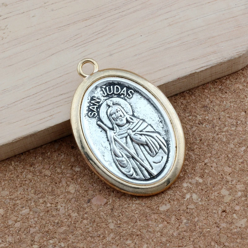 2Pcs Two-Tone San Judas Tadeo Charm Pendants For Jewelry Making Necklace DIY Accessories 30x44.8mm A-561