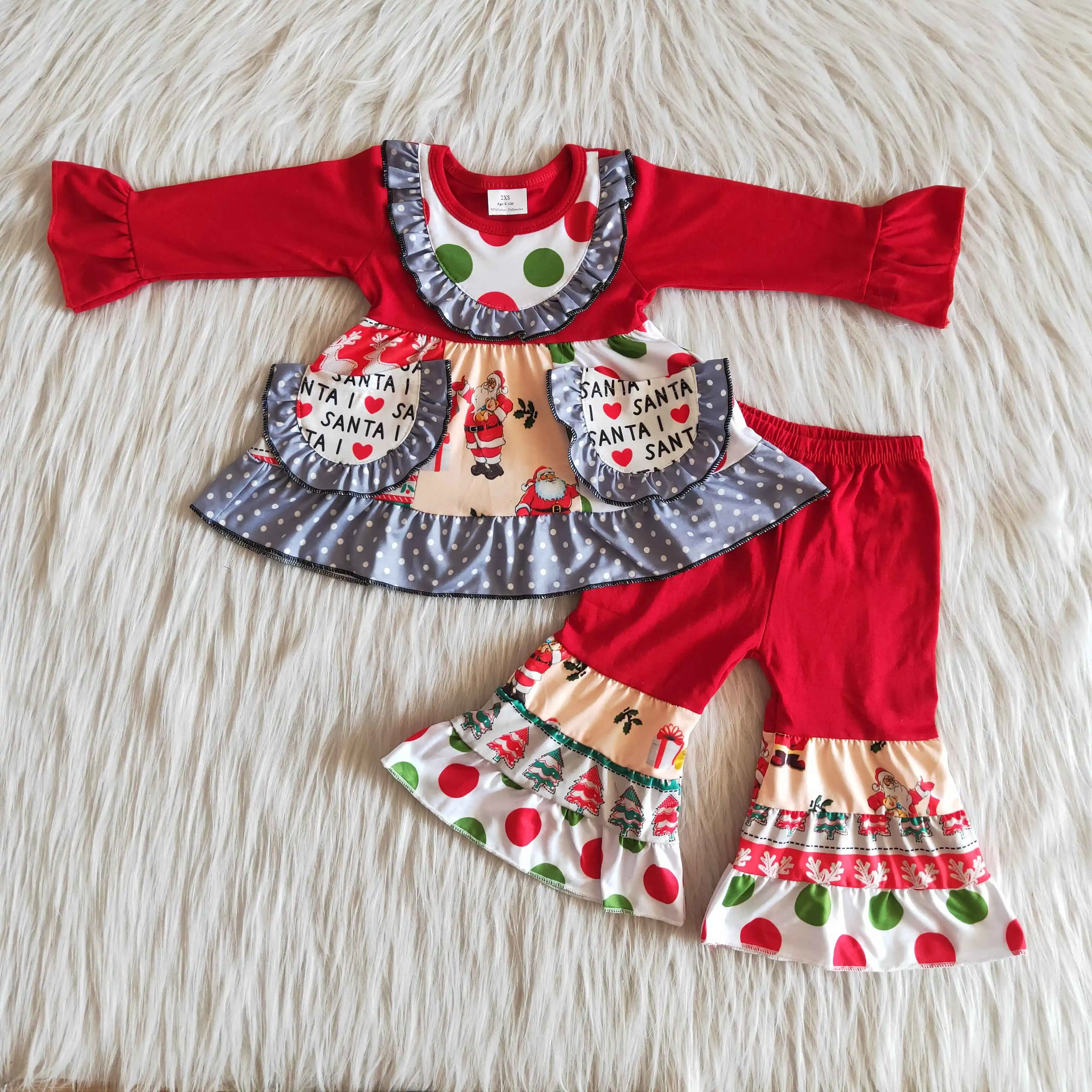 

RTS Toddler Girl Ruffles Sleeve Pockets Tops and Bell bottoms pants set print fashion Christmas Boutique kid Outfits