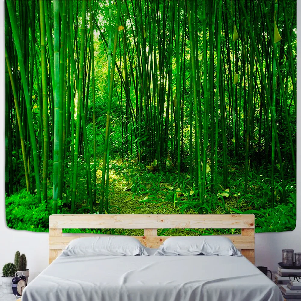 Green Bamboo Forest Nature Tapestry Design Wood Grain Tapestry Forest Wall Hanging  Living Room Decoration Home Decor Tree Wall