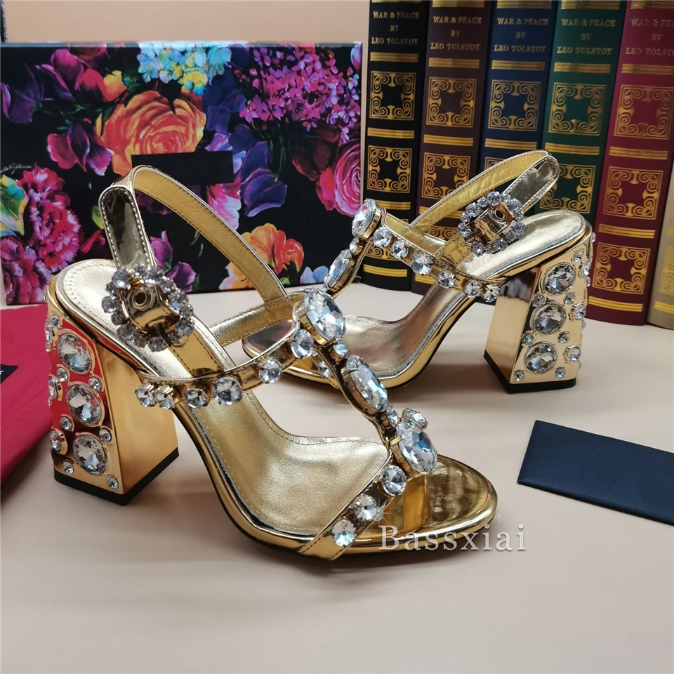 Jeweled Diamond T-Strap Wedding Shoes Bridal Crystal Chunky Heel Genuine Leather Rhinestone Sandals Women For Girls Summer