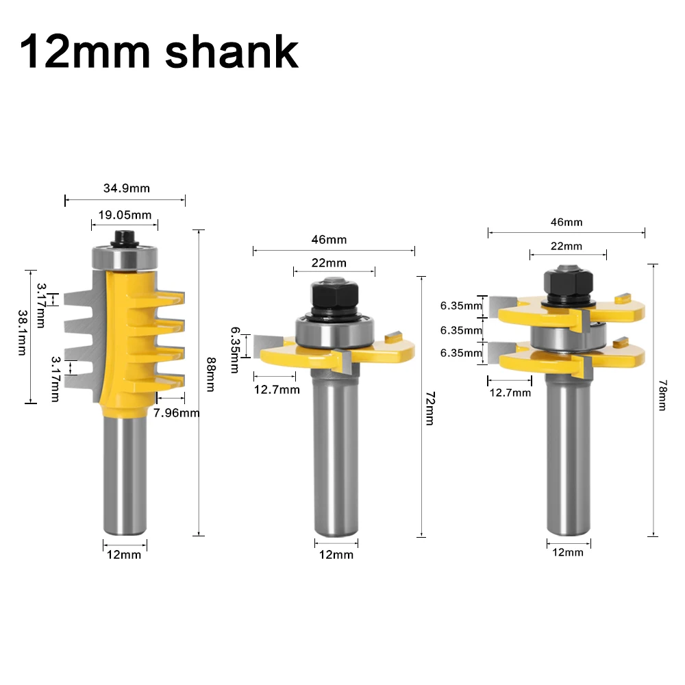 3pcs 12mm 1/2inch Shank Joint Assemble Router Bits Tongue & Groove T-Slot Milling Cutter for Wood Woodwork Cutting Tools