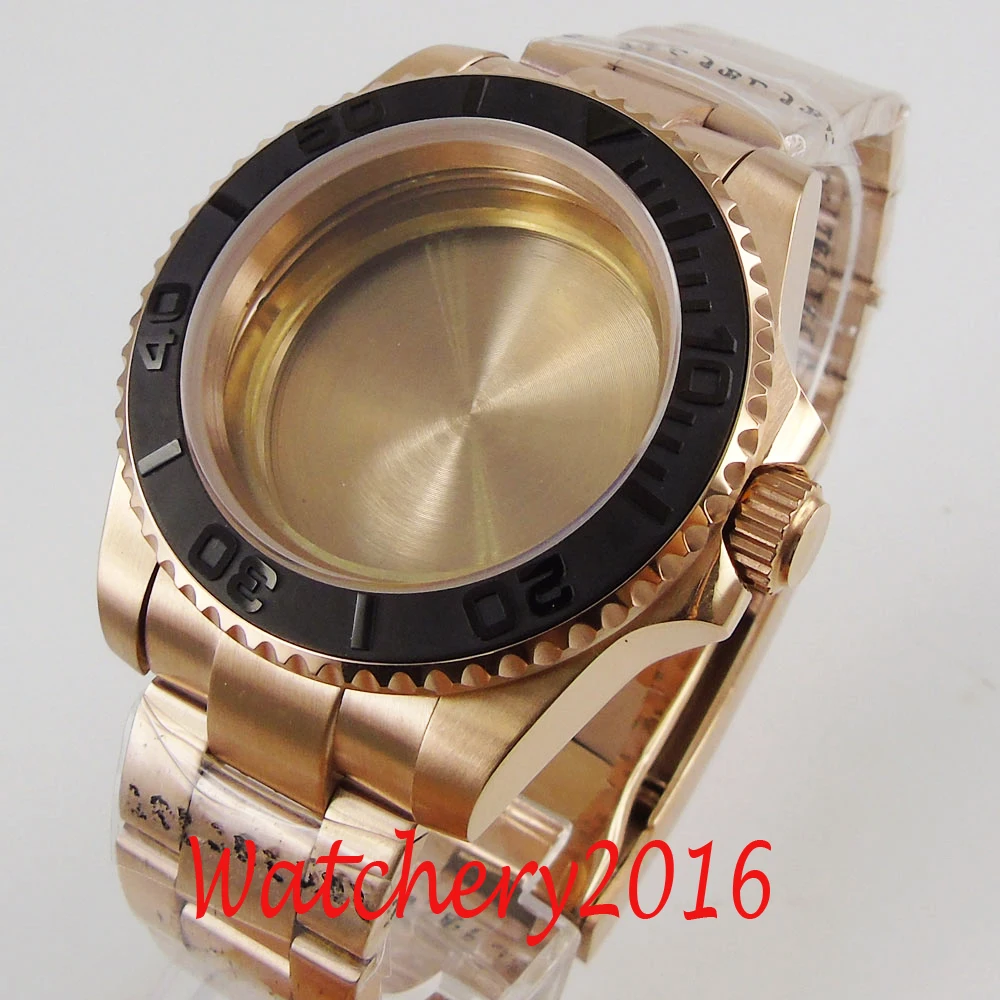 40mm Brushed Black Rotating Ceramic Bezel Rose Gold plated Sapphire Watch Case fit 2836 8215 NH35A ETA 2824 Automatic Movement