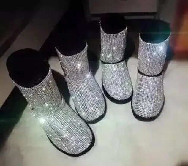 bling bling rhinestone snow boots woman thick flat whole rhinestones winter boots glitter pink back crystal snow boots