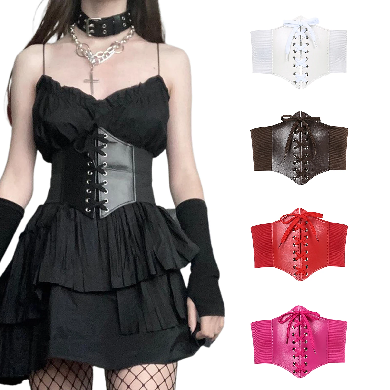 

2021 Trendy Bandage Cummerbunds Female Corset Bustier Sexy Punk Solid PU Leather Drawstring Wide Belt Shapewear for Women