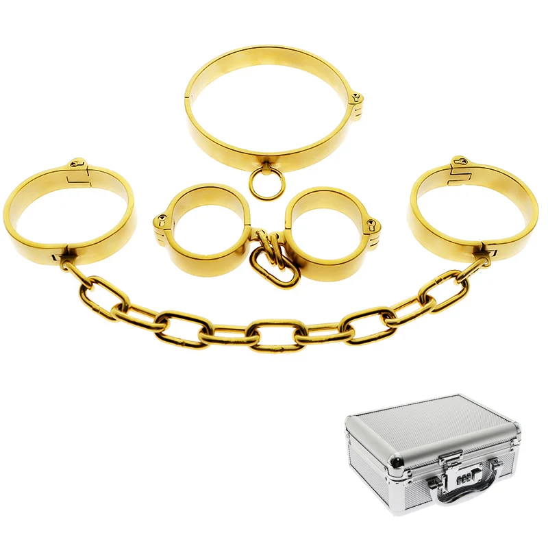 

Gold Stainless Steel Slave Neck Collar Handcuff Wrist Ankle Cuffs Bdsm Fetish Bondage Restraint Adult Game Sex Toys For Couples