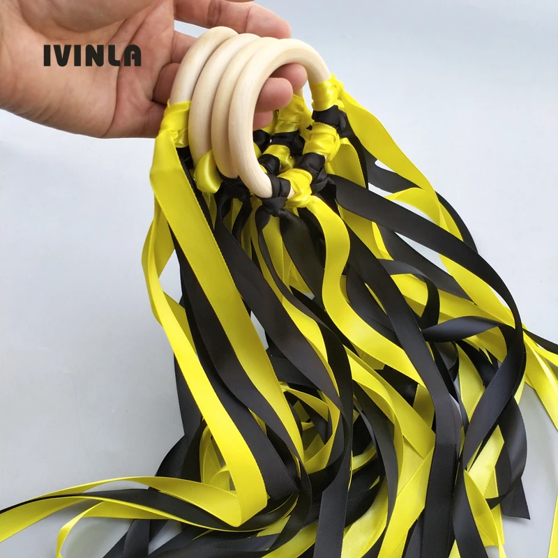 Free Shipping yellow and black Stain ribbon Wooden Ring Waldorf Ribbon With Bell Hand Kite Toy FLY ME Birthday Party Favors