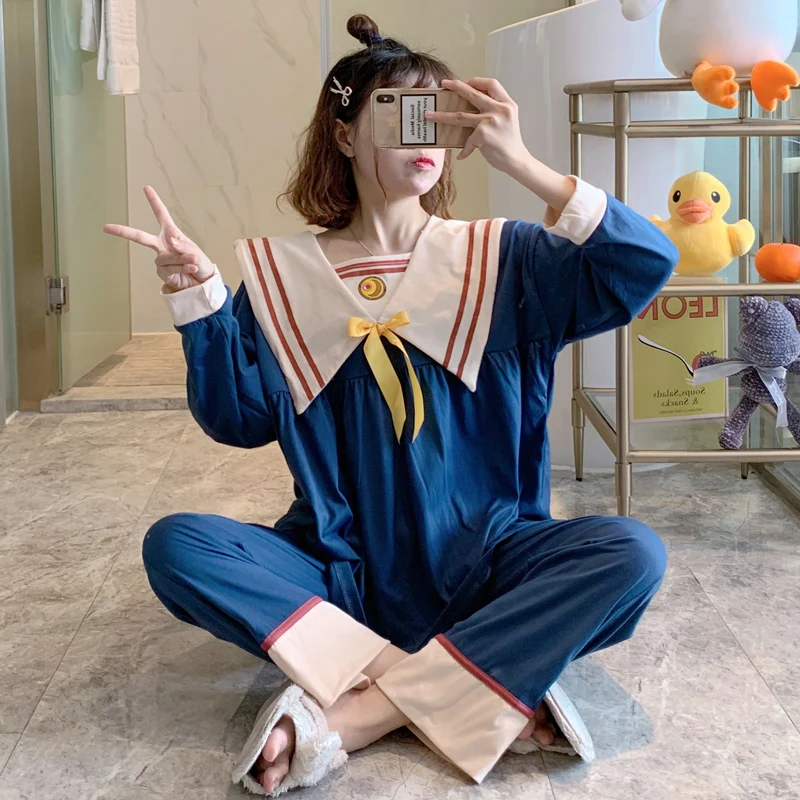 Women Pajamas Sakura Sailor Collar Long Sleeve Tops Pants Anime Pijama Set Ladies Nightwear Girls Home Suit Kawaii Pyjama