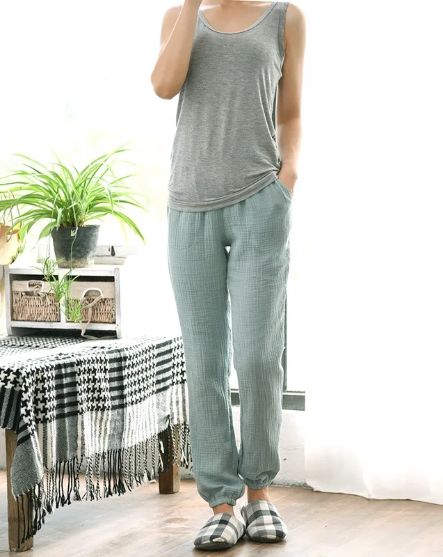 Casual Sleepwear Summer Couple Pajamas Cotton Gauze Pants Spring&autumn Bathrobe Home Pants Oversized Buttoms Lovers Nightwear