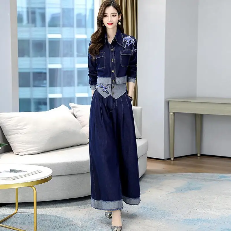 Spring Autumn Embroidered Splicing Cowboy Jacket High Waist Cowboy Wide Leg Pants Female Suit New Fashion Ladies Two-piece Suit