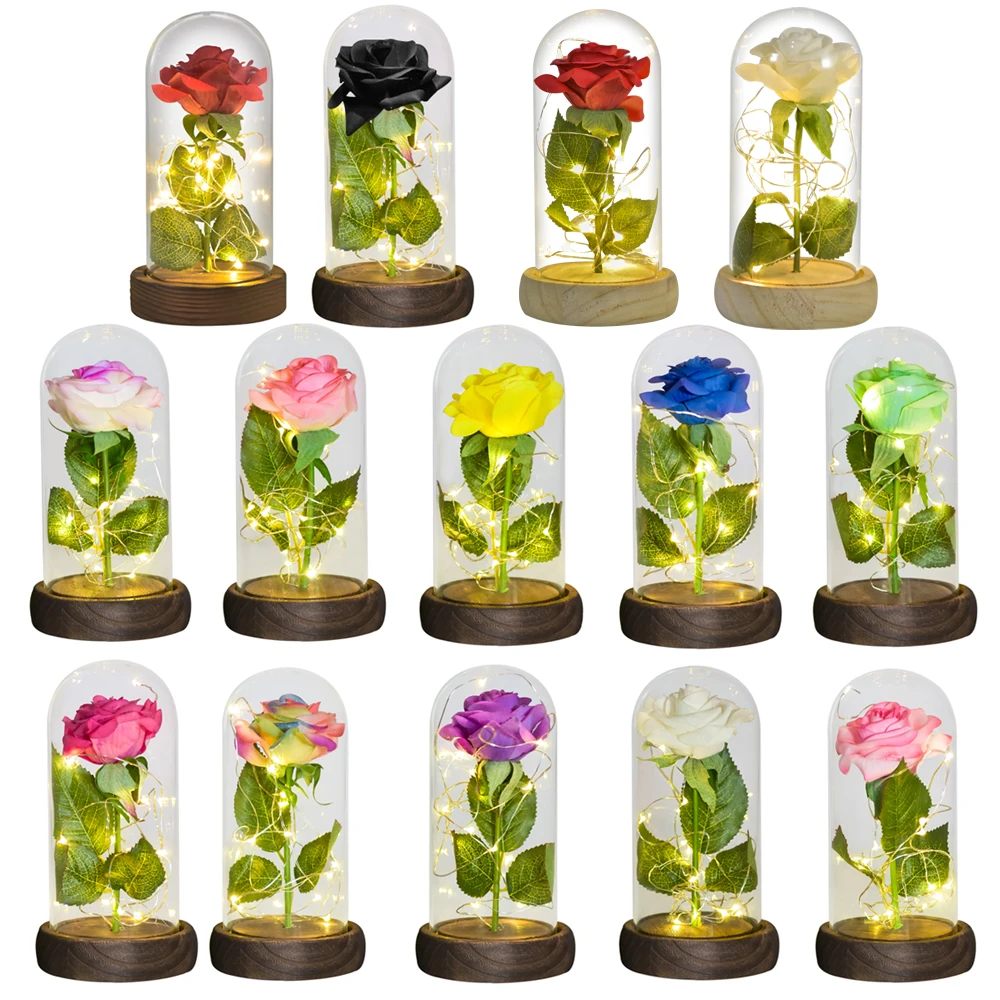 Valentine Beauty and The Beast Artificial Flowers Eternal Rose In Glass Dome with Led Light Romantic Mother\' Day Gifts for Women