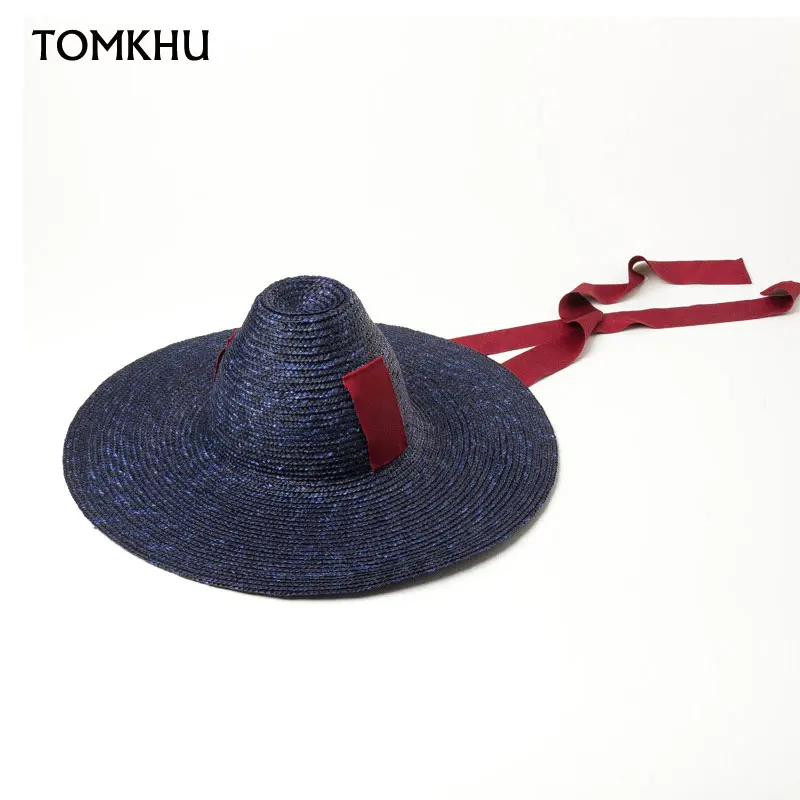 2021 New Elegant 15cm Wide Brim Sun Hat For Ladies Summer High-top Ribbon Hand-woven Straw Hat Outdoor Beach Cap Chapeu De Praia