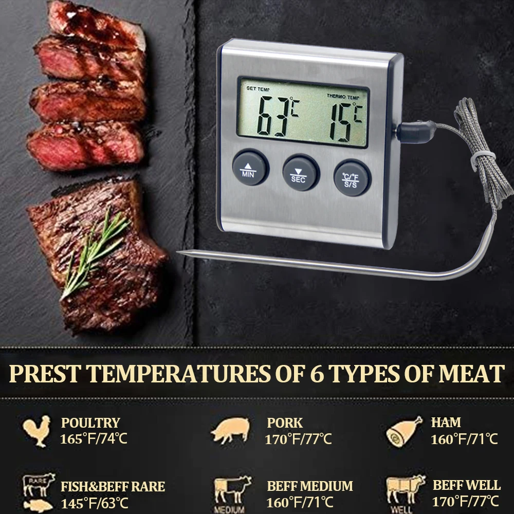 Digital Kitchen Timer Culinary Barbecue BBQ Thermometer Sensor For Oven Meat Coffe Milk With Food Grade Stainless Steel Probe