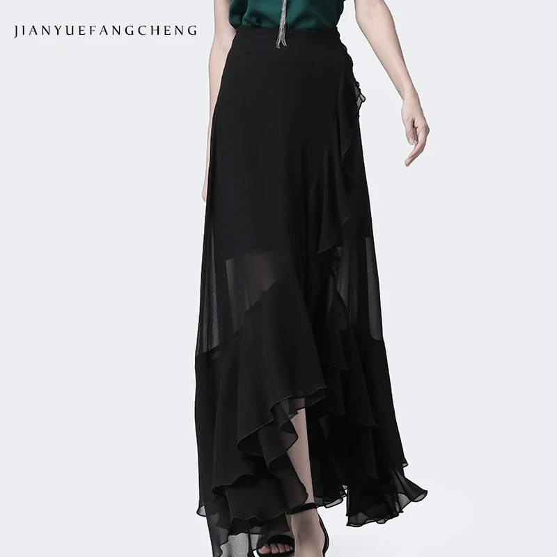 Floor-Length Womens Summer Chiffon Maxi Skirt High Waist A-Line Slim Elegant Draped Irregular Ruffles Plus Size Long Skirts