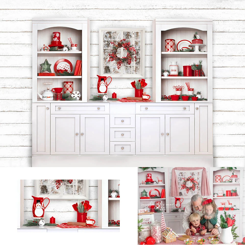 Christmas Backdrop Photography Cupboard Wood Wall Christmas Wreath Backdrops Red Tableware Background Photobooth