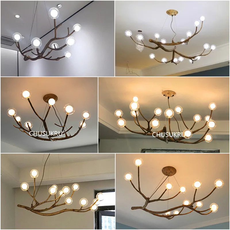 Rustic Tree Branch Glass Bubble Chandelier Lighting Bar Retro Chandeliers Ceiling Vintage Home Decor lustres light fixtures image 5