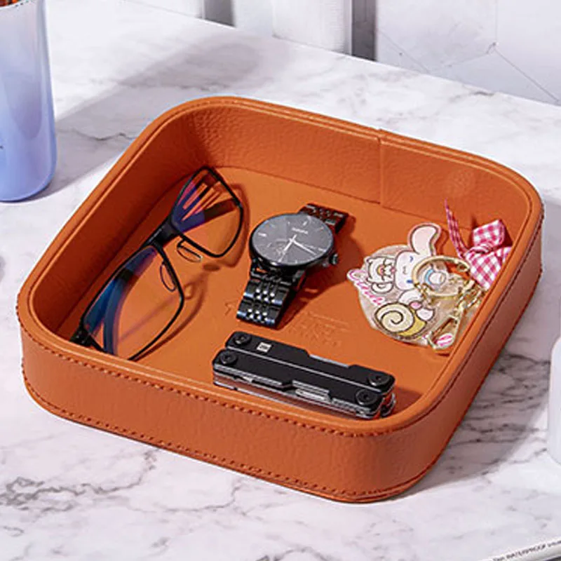 PU Leather Storage Box Cosmetic Tray Jewelry Display Plate Luxury Home Living Room Desktop Watch Cell Phone Sundries Decor Tray