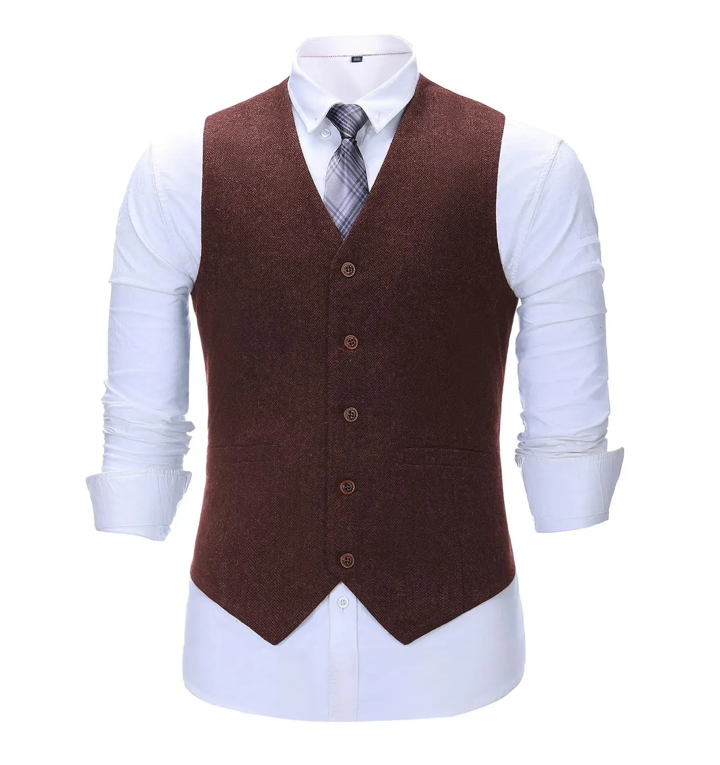 Brown Green Men\'s Vest Burgundy Slim Fit Prom Herringbone Wool Blazer Suits Red Waistcoat For Wedding Best Man Jacket Grooms