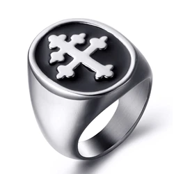 Elfasio Cross of Lorraine Cross of Anjou Black Enamel Stainless Steel Mens Ring Knights Templar Crusader Symbol Jewelry