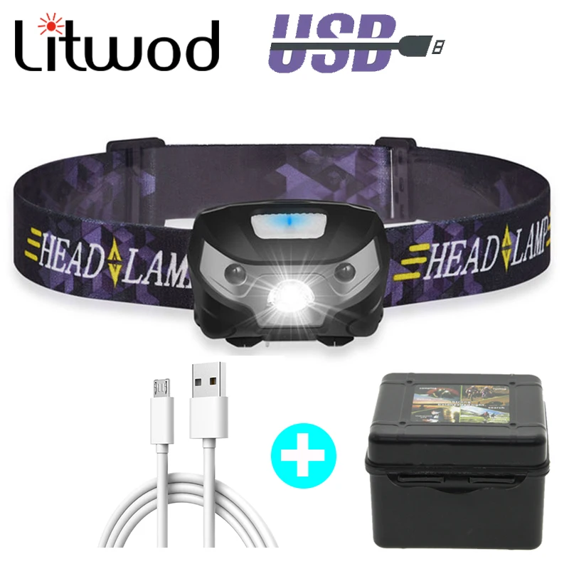 Litwod Z20 3000LM Mini Rechargeable LED HeadLamp Body Motion Sensor USB headlight lantern LED Head Light Lamp Camping Flashlight