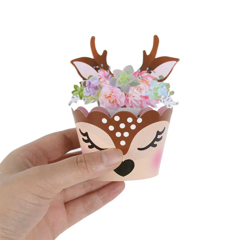 12/24 stücke Cartoon Sika Deer Cupcake Wrapper Geweih Papier Kuchen Topper Frohe Weihnachten Weihnachten Neue Jahr Geburtstag Party Dekoration – Detail 5
