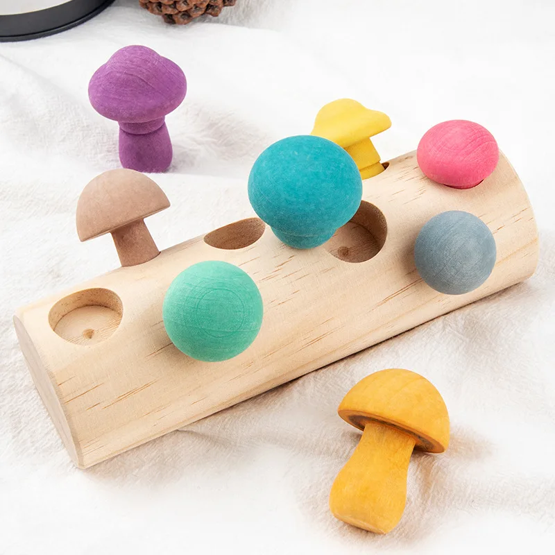 Blocs en bois arc-en-ciel pour enfants, jeu de cueillette de champignons, jouets éducatifs Montessori en bois pour bébés, forme assortie, poignée